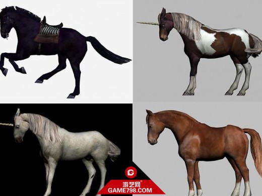 各种已绑定的带动画的次时代马和独角兽3D模型